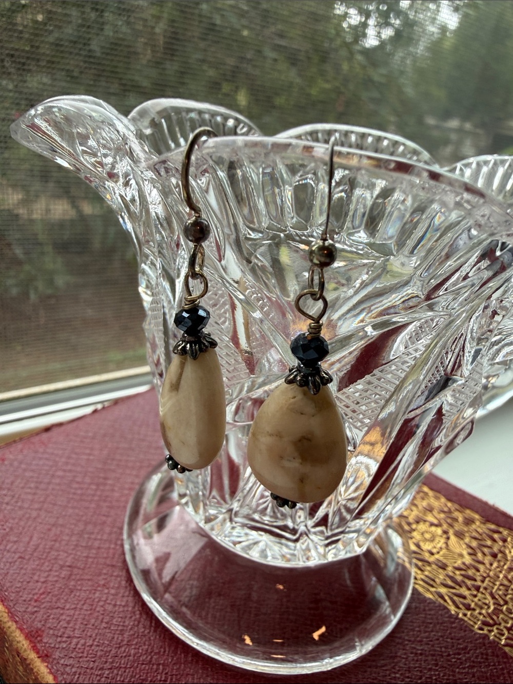 Beige Jasper Teardrop Stone Dangle Earrings with Sterling Silver Accents - Picture 4 of 5